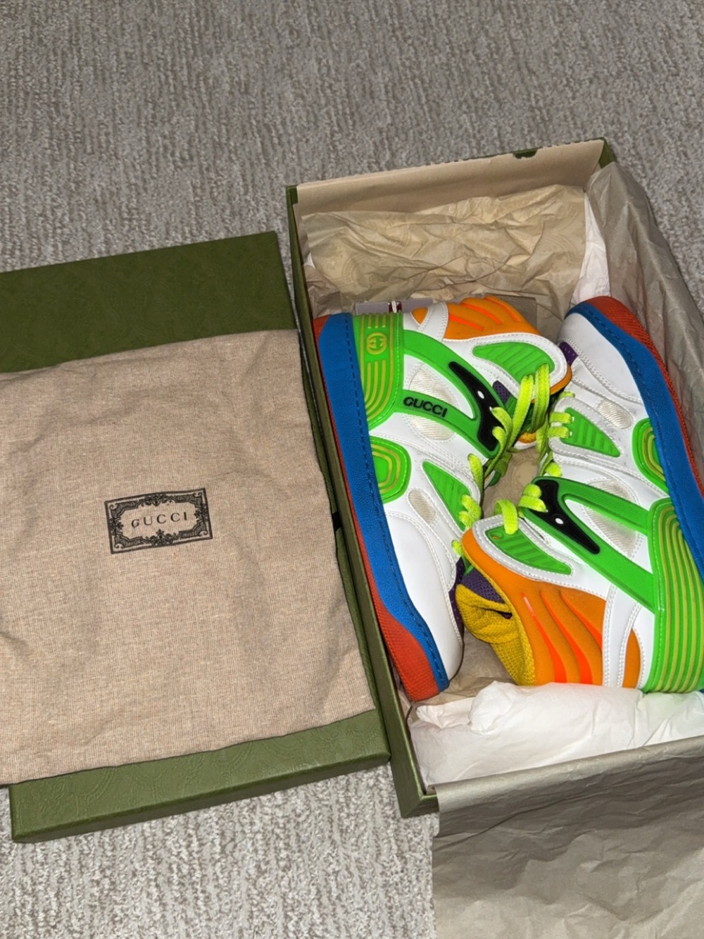 Gucci Kids Neon Green Orange Blue White High-Top Sneakers
